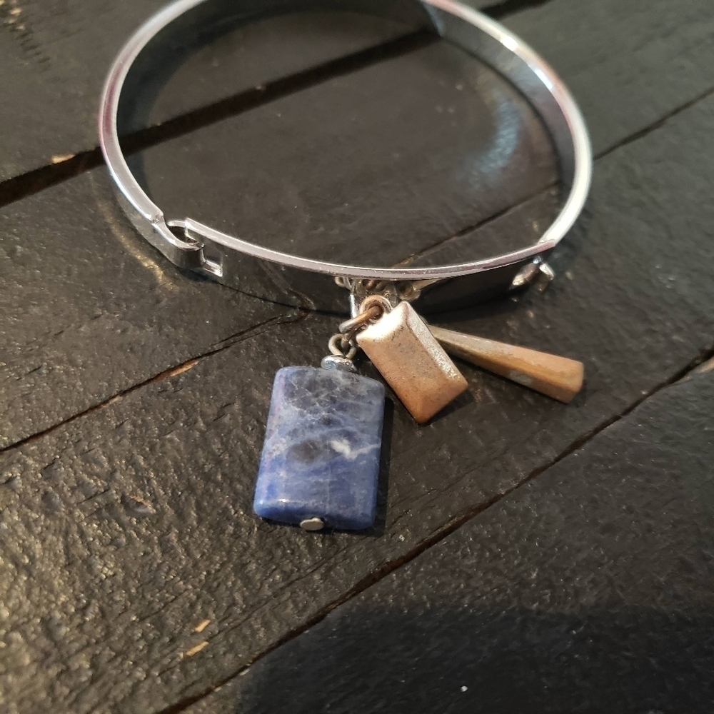 Silver Bangle Charm Bracelet Beads Blue Brown Women's Teen Boho Jewelry - Picture 3 of 4